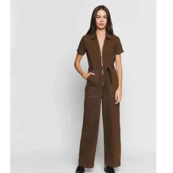 Reformation Jeans Cassidy Chocolate Brown Denim Jumpsuit - Picture 2 of 12